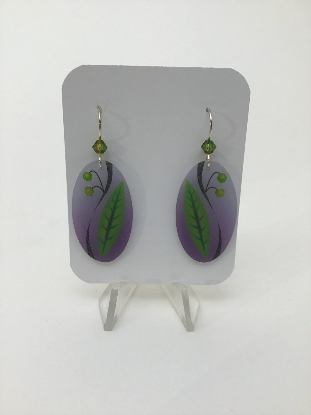 Karon Killian: Oval Sm Purple w/ Green Leaf Earrings